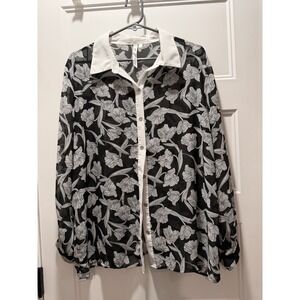 New York Colllection Women Floral Blouse Black White Sheer Button Down
